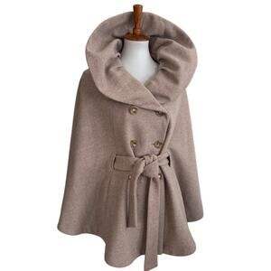 Vintage 90s Calvin Klein Oat Wool Cape Coat Tortoise Buttons Belted S/M